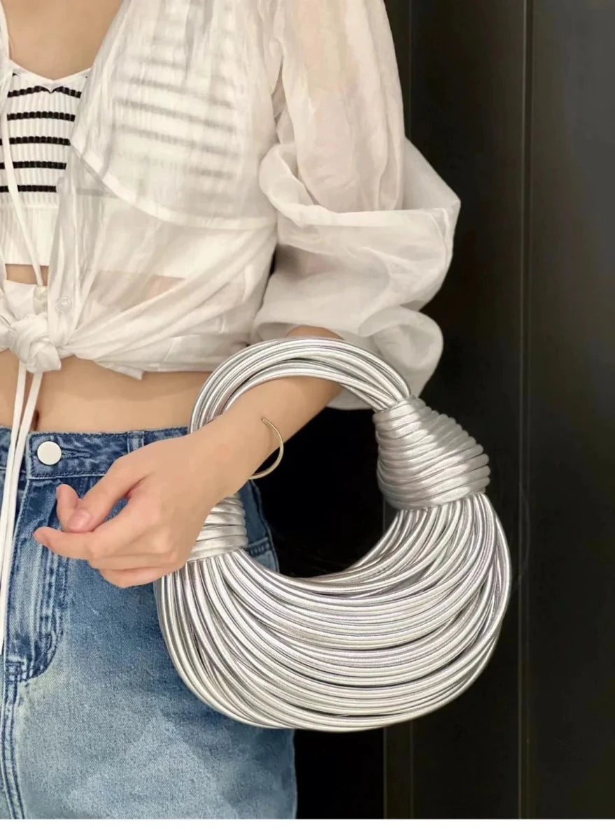 Handbags for Women 2025 New in Gold Luxury Designer Brand Handwoven Noodle Bags Rope Knotted Pulled Hobo Silver Evening Clutch - MANDOTOS