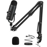 Mandotos Haomuren USB streaming podcast microphone kit with pop filter and adjustable stand on a desk setup.
