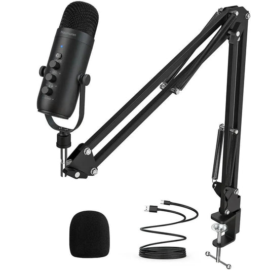 Mandotos Haomuren USB streaming podcast microphone kit with pop filter and adjustable stand on a desk setup.