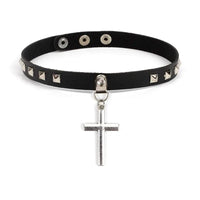Mandotos Harajuku Punk Cross Choker featuring a black leather band with a metal cross pendant for edgy fashion style.