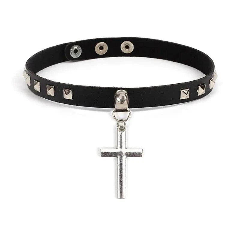 Mandotos Harajuku Punk Cross Choker with metal chain and cross pendant, showcasing edgy fashion accessory on a black background.