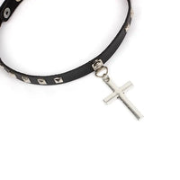 Mandotos Harajuku Punk Cross Choker featuring a bold black leather strap with metal cross pendant for edgy fashion.
