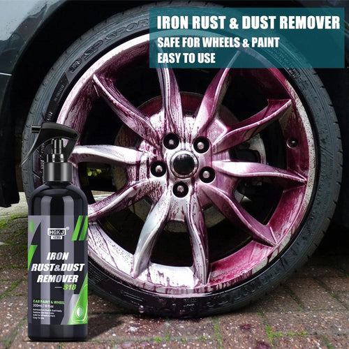 MANDOTOS HGKJ car paint and wheel iron particles remover spray cleaning metal surfaces and auto rims from rust and dust buildup.