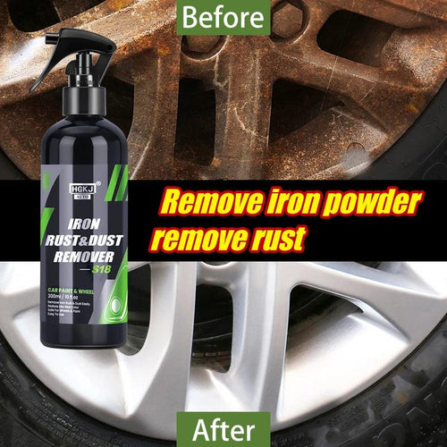 MANDOTOS HGKJ car paint and wheel iron particles remover spray cleaning rust and dust from metal surfaces and auto rims.