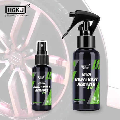 Mandotos HGKJ car paint and wheel iron particles powder cleaner spray on metal auto rims, removing rust and dust effectively.