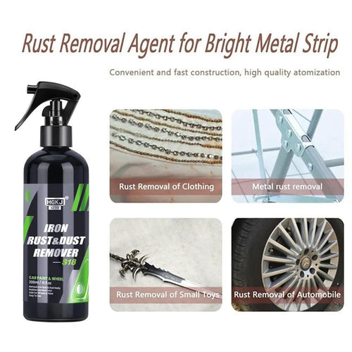 Mandotos HGKJ car paint and wheel iron particles remover spray cleaning metal surfaces and auto rims from rust and dust.