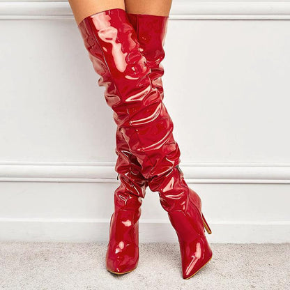High Heel Elastic Knee Length Patent Leather Boots - MANDOTOS