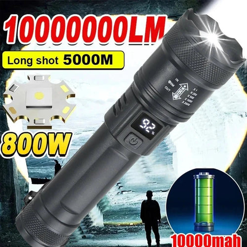 MANDOTOS high-power LED flashlight with 2000LM, tactical design, display light, USB charging, ideal for camping, fishing, and emergencies.