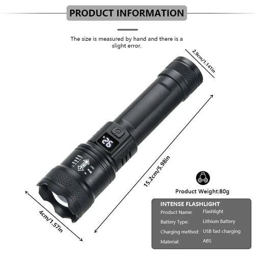 Mandotos high-power LED flashlight with 2000LM, tactical design, display light, USB charging, suitable for camping, fishing, and emergencies.