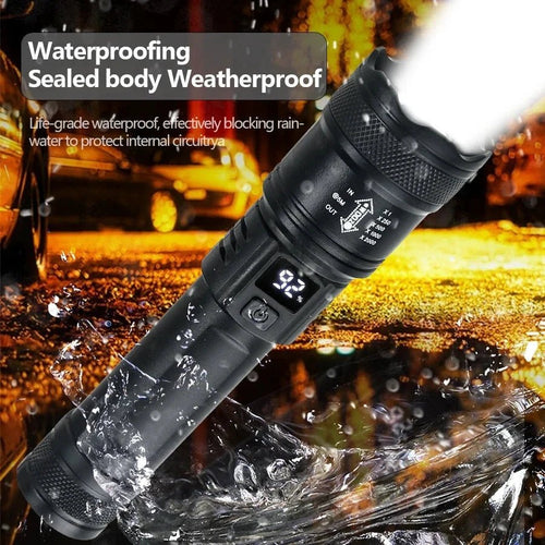 Mandotos high-power LED flashlight with 2000LM, tactical design, display light, USB charging, camping, fishing, and emergency zoom lantern