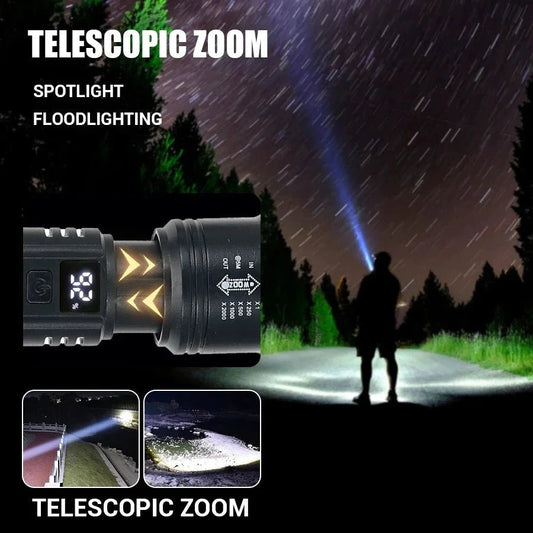 Mandotos 2000LM high-power LED tactical flashlight with display, USB charging, zoom feature, suitable for camping, fishing, and emergencies.