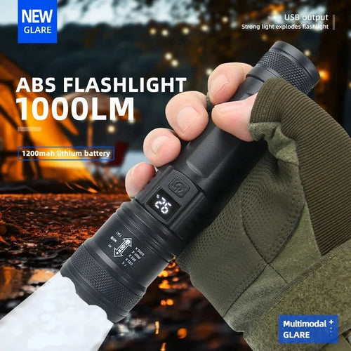 MANDOTOS 2000LM tactical LED flashlight with display, USB charging, zoom lantern, suitable for camping, fishing, and emergencies.