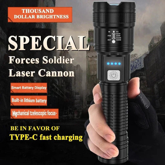 MANDOTOS high-power LED flashlight with 2000LM, tactical design, display light, USB charging, camping, fishing, and emergency zoom lantern