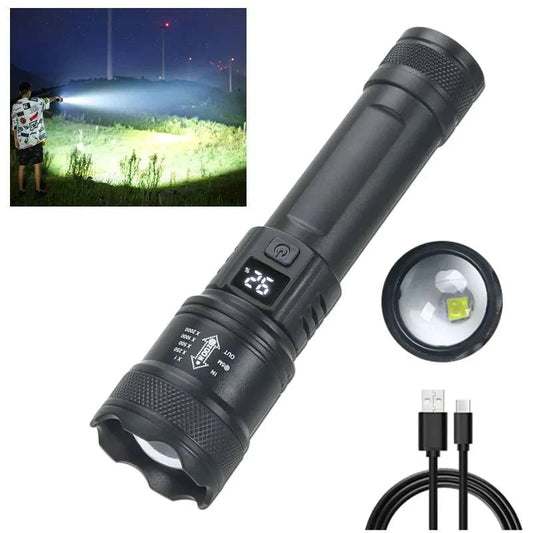 Mandotos high-power LED flashlight with 2000LM, tactical design, display light, USB charging, ideal for camping, fishing, and emergencies.