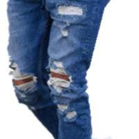 Mandotos men's jeans with stylish holes, slim fit design, denim fabric, and contemporary distressed look.