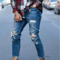 Mandotos men's jeans with stylish holes, featuring a classic denim design and modern distressed details.