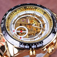 Mandotos hollow automatic mechanical watch with visible movement, sleek design, and stainless steel case.