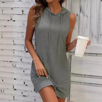Mandotos women's sleeveless hoodie T-shirt style summer mini dress with V-neck in solid color, casual straight skirt, lightweight and comfortable.