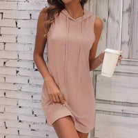 Mandotos women's summer sleeveless hoodie T-shirt style dress with V-neck, solid color, mini length, casual straight skirt.