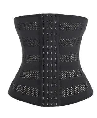 Mandotos hot waist trainer corset showing a snug-fitting black waist cincher with steel boning and adjustable straps.