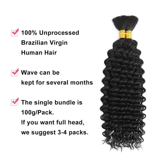Mandotos 100g deep wave human braiding hair bulk with curly, no-weft extensions for boho braids and styling.