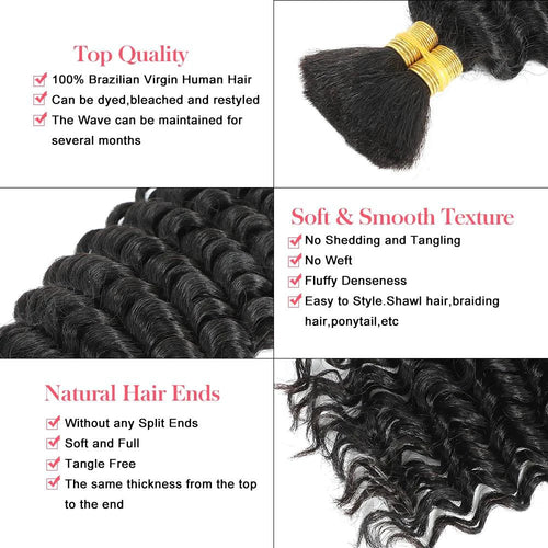Mandotos deep wave human braiding hair bulk in 100g, curly, no weft, ideal for boho braid extensions and natural hairstyles.