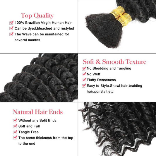 Mandotos deep wave human braiding hair bulk in 100g, curly, no weft, ideal for boho braid extensions and natural hairstyles.