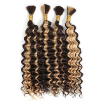 Human Hair 20-inch Deep Wave Highlight P4/27 braiding bundle by MANDOTOS, showcasing textured, highlighted curls for stylish looks.