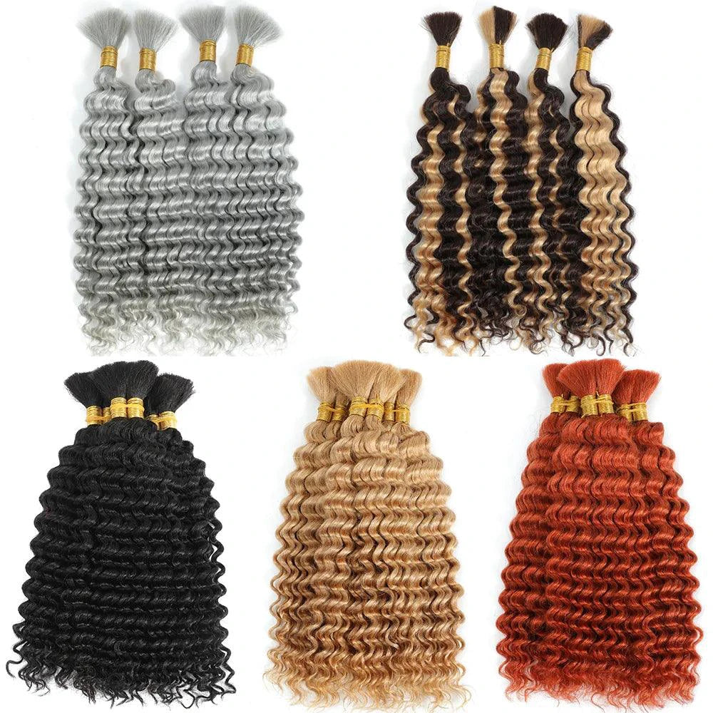 Human Hair 20-inch Deep Wave Braiding Bundle with P4/27 highlights from MANDOTOS, showing the textured, highlighted deep wave hair bundle.
