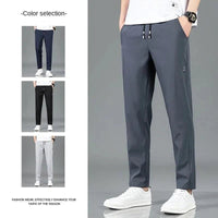 Mandotos Ice Silk men's summer pants in black and gray, outdoor breathable straight-leg casual sweatpants with elastic waist.