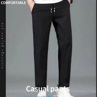 Mandotos Ice Silk men's summer casual pants in black and gray, breathable, elastic, straight-leg design for outdoor and business wear.