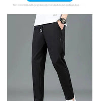 Mandotos Ice Silk men's summer casual pants in black and gray, breathable, elastic, straight-leg design for outdoor and business wear.