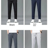 Mandotos Ice Silk men's summer black and gray casual pants with elastic waistband, breathable straight-leg design, suitable for outdoor wear.