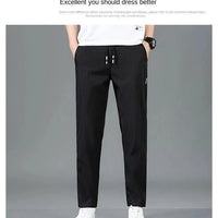 Mandotos Ice Silk men's summer black and gray casual pants with elastic waistband, straight-leg, breathable, lightweight outdoor sweatpants.