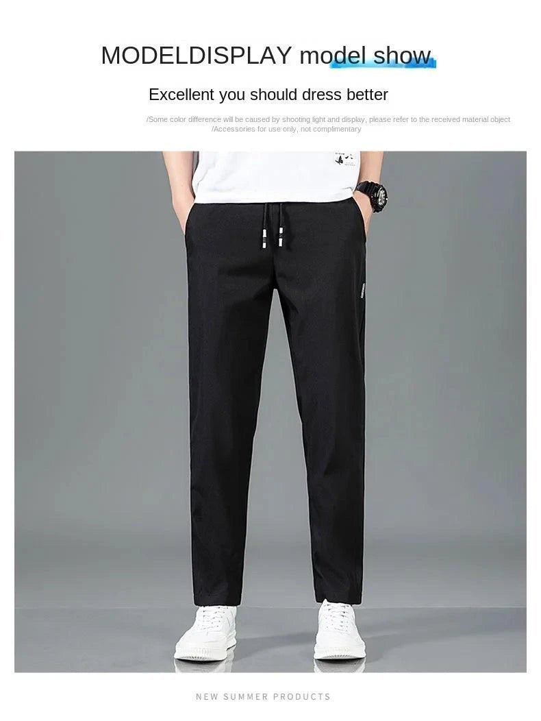 Mandotos Ice Silk men's summer black and gray casual pants with elastic waistband, straight-leg, breathable, lightweight outdoor sweatpants.