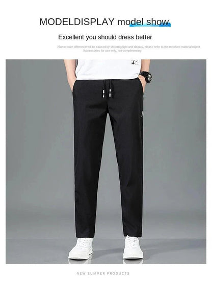 Ice Silk Men's Pants 2025 Summer New Black Gray Thin Business Casual Pants Outdoor Elastic Breathable Straight Leg Sweatpants - MANDOTOS