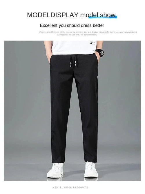 Ice Silk Men's Pants 2025 Summer New Black Gray Thin Business Casual Pants Outdoor Elastic Breathable Straight Leg Sweatpants - MANDOTOS