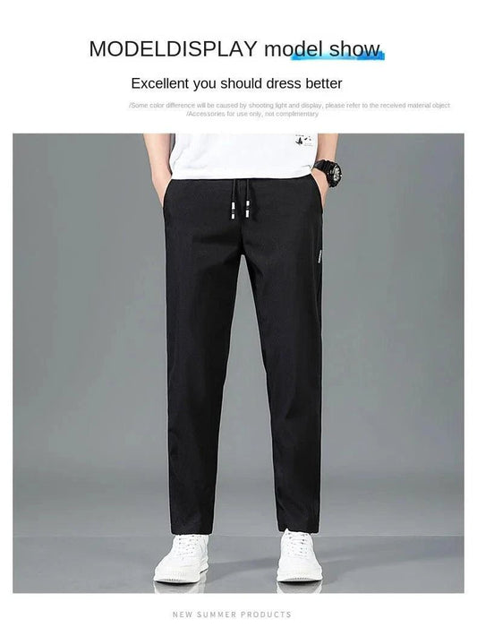 Ice Silk Men's Pants 2025 Summer New Black Gray Thin Business Casual Pants Outdoor Elastic Breathable Straight Leg Sweatpants - MANDOTOS