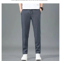Mandotos Ice Silk men's summer casual pants in black and gray, slim fit, breathable, outdoor elastic straight-leg sweatpants.
