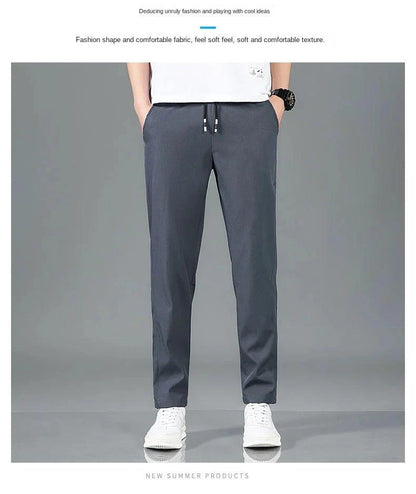 Ice Silk Men's Pants 2025 Summer New Black Gray Thin Business Casual Pants Outdoor Elastic Breathable Straight Leg Sweatpants - MANDOTOS
