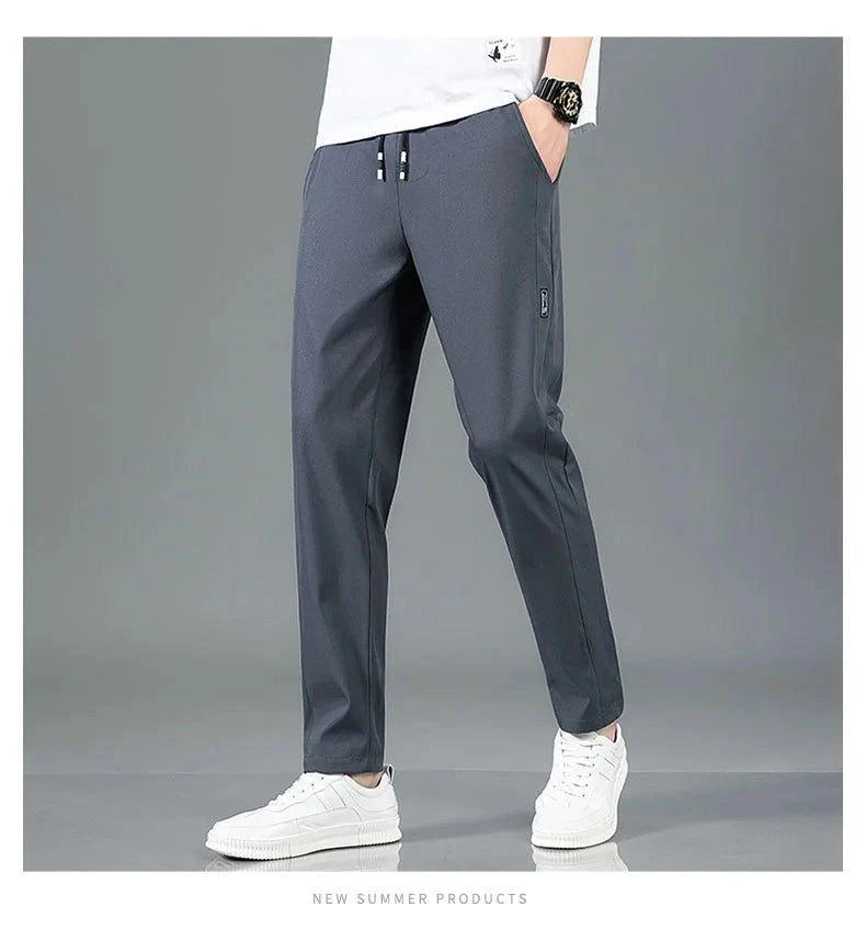 Ice Silk Men's Pants 2025 Summer New Black Gray Thin Business Casual Pants Outdoor Elastic Breathable Straight Leg Sweatpants - MANDOTOS