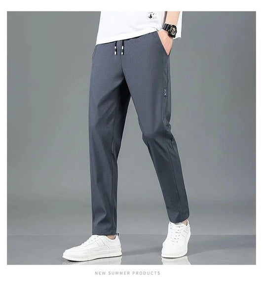 Ice Silk Men's Pants 2025 Summer New Black Gray Thin Business Casual Pants Outdoor Elastic Breathable Straight Leg Sweatpants - MANDOTOS