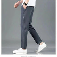 Mandotos Ice Silk men's summer casual pants in black and gray, featuring a straight-leg design, elastic waist, and breathable fabric.