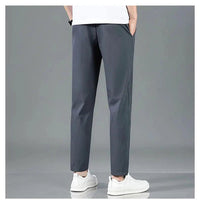 Mandotos Ice Silk men's summer thin black and gray casual pants with elastic waistband and straight-leg fit, suitable for outdoor wear.