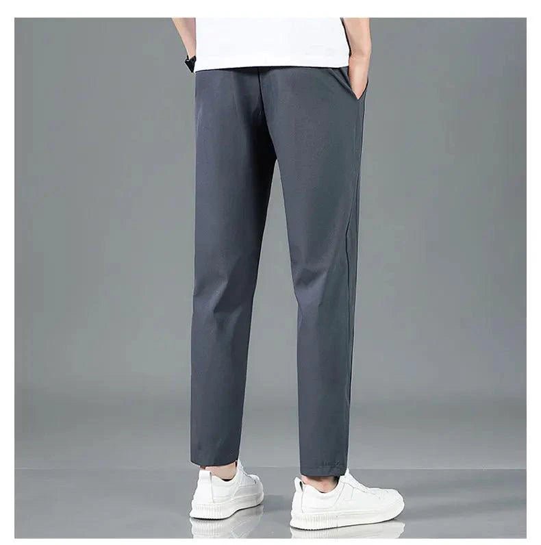 Ice Silk Men's Pants 2025 Summer New Black Gray Thin Business Casual Pants Outdoor Elastic Breathable Straight Leg Sweatpants - MANDOTOS