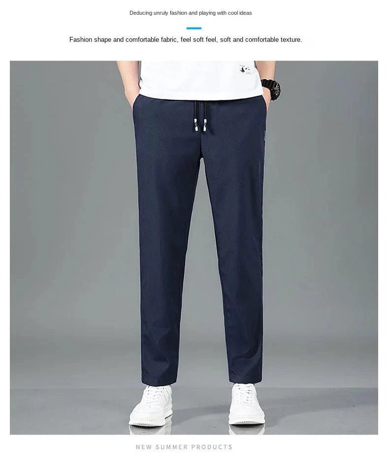 Ice Silk Men's Pants 2025 Summer New Black Gray Thin Business Casual Pants Outdoor Elastic Breathable Straight Leg Sweatpants - MANDOTOS
