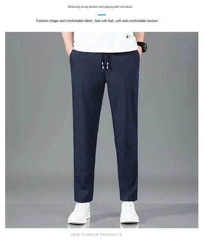 Ice Silk Men's Pants 2025 Summer New Black Gray Thin Business Casual Pants Outdoor Elastic Breathable Straight Leg Sweatpants - MANDOTOS