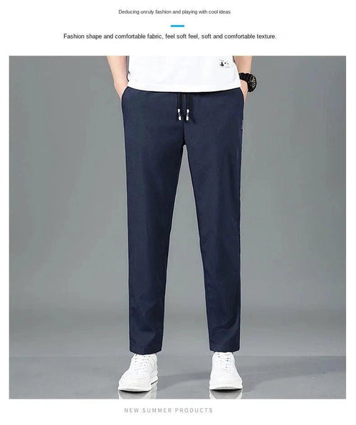 Ice Silk Men's Pants 2025 Summer New Black Gray Thin Business Casual Pants Outdoor Elastic Breathable Straight Leg Sweatpants - MANDOTOS