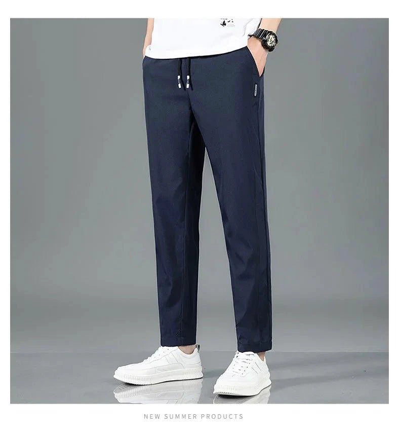Ice Silk Men's Pants 2025 Summer New Black Gray Thin Business Casual Pants Outdoor Elastic Breathable Straight Leg Sweatpants - MANDOTOS