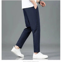 Mandotos Ice Silk men's summer casual pants in black and gray, slim fit, breathable, elastic straight-leg sweatpants for outdoor wear.